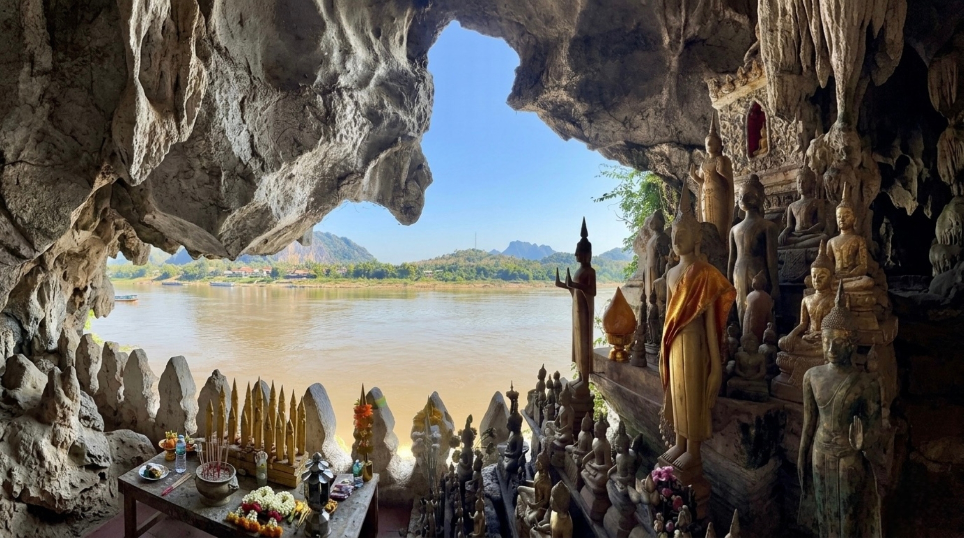 Thousands of Buddha statues inside the Pak Ou Caves along the Mekong River