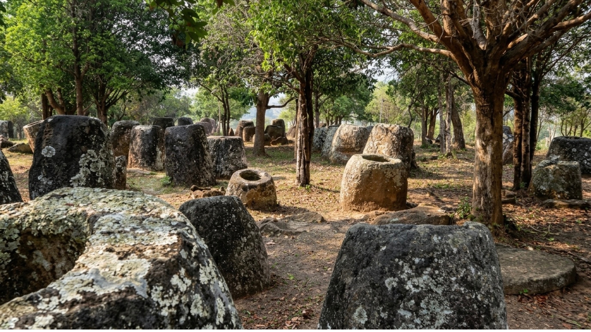 Megalithic stone vessels at the Plain of Jars in Xieng Khouang, Laos